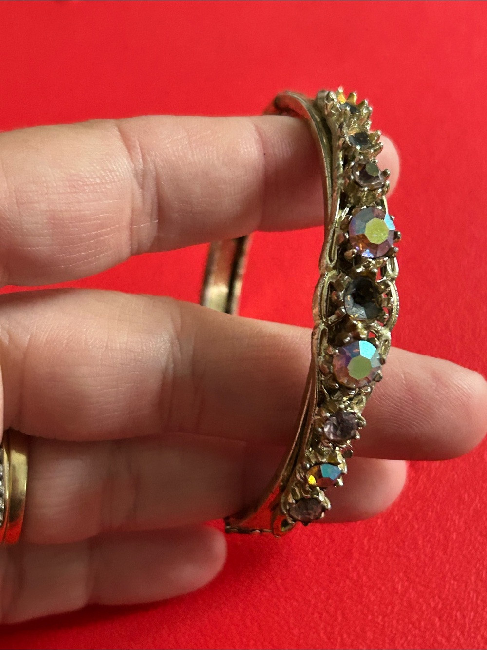 4/$100 Gold-Tone Aurora Borealis Crystal Hinged Bangle Bracelet